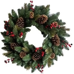 Hometown Holidays 38513 Red Cone And Berry Wreath, PVC, Wire Hook Mounting