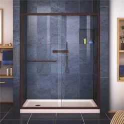 DreamLine DL-6971L-22-06 Infinity-Z 32 In. X 60 In. Semi-Frameless Sliding Shower Door In Oil Rubbed Bronze With Left Drain Base In Biscuit