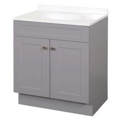 Zenna Home SBC36GY 2-Door Shaker Vanity With Top, Wood, Cool Gray, Cultured Marble Sink, White Sink
